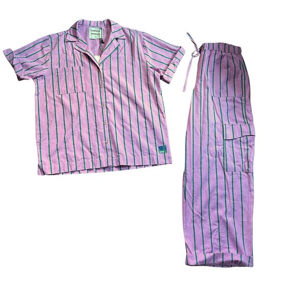 Damson Madder Pink Green Stripe Linen Set - Picture 1 of 7
